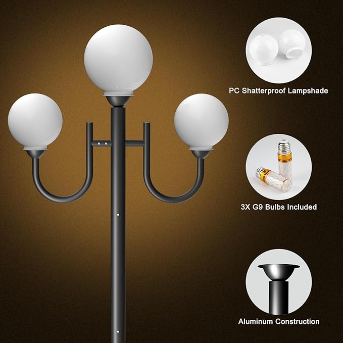 Lightdot 3 Head Outdoor Lamp Post Light Modern Light Post Outdoor Hardwired Waterproof Black Aluminum Street Pole Lights for Garden Driveway Yard Patio Walkway (Bulbs Included)