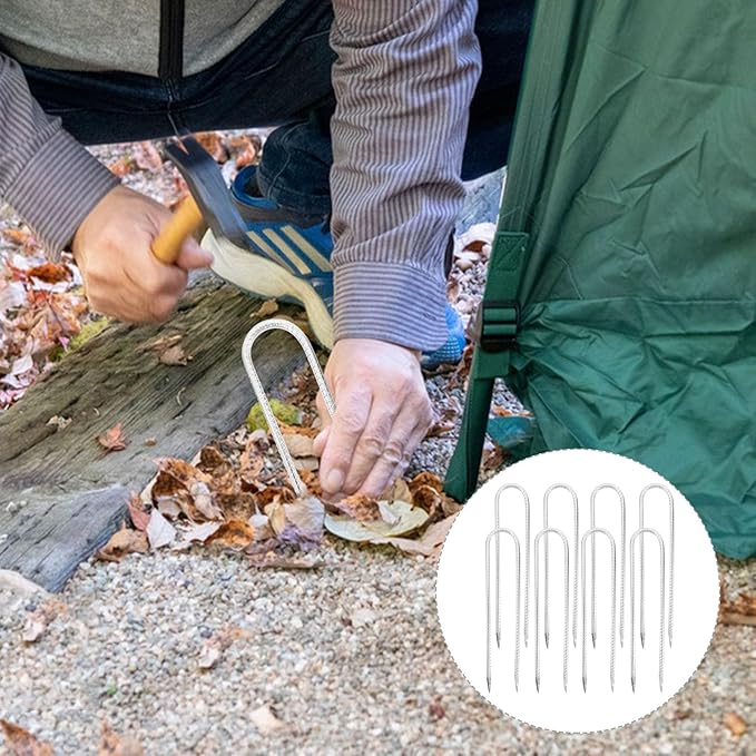 VICASKY 8pcs U-Shaped Galvanized Steel Landscape Stakes Yard Ground Anchors with Gaskets for Swing Sets Tent Accessories and Gardening Outdoor Use