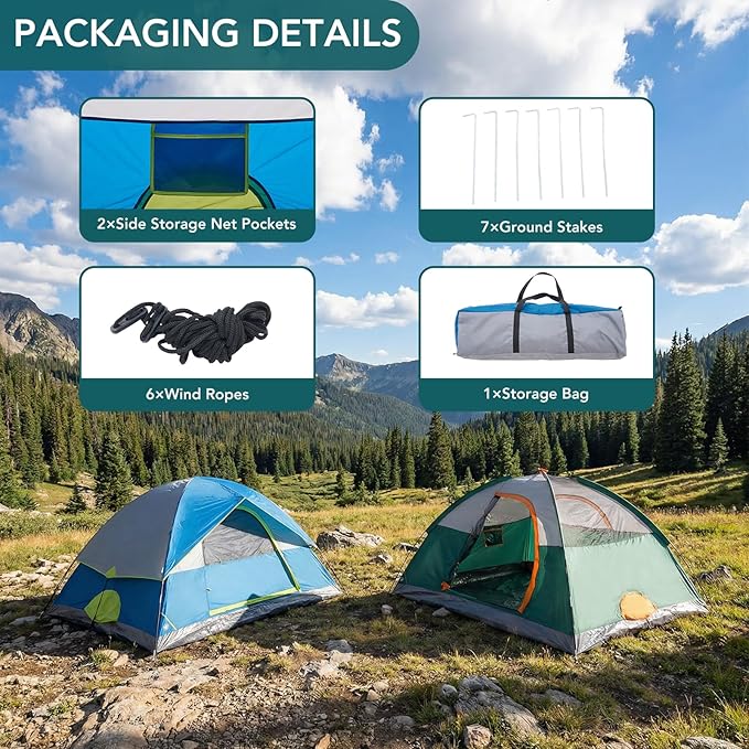 OLIXIS Camping Tent 2/4 Person Waterproof Windproof Dome Tent with Multi-Directional Ventilation Quick 5 Min Setup for Family Outdoor Backpacking Hiking