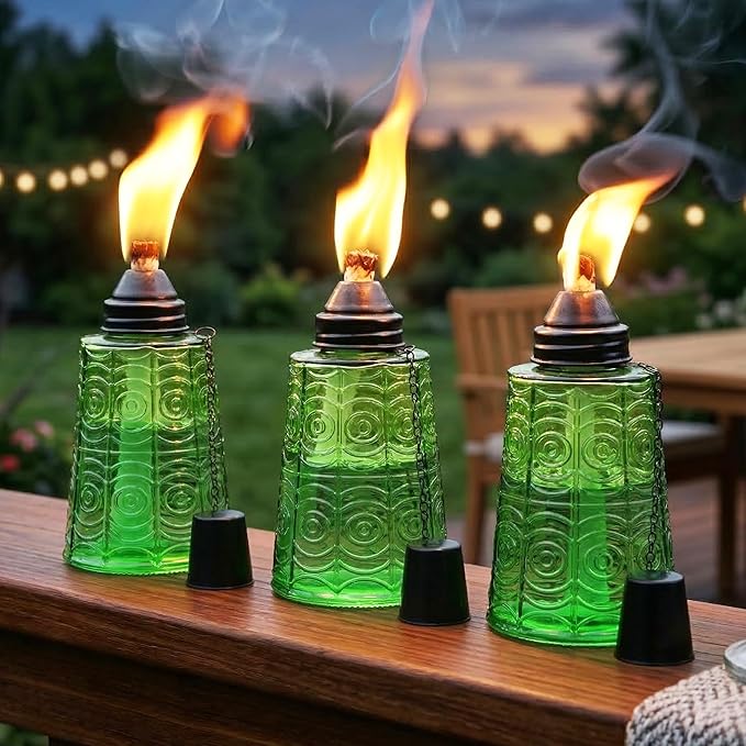 Seraphic Citronella Table Top Torches for Outdoor Patio 16oz Decorative Glass Torch Citronella Candles for Outside Deck Garden Parties Set of 3 Green