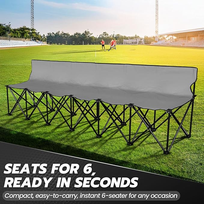 Flexzion Portable Folding Bench Seat 6 Seater Collapsible Soccer Bench Portable Bench Seats for Bleachers Camping Sideline with Back Rest and Carrying Bag Gray