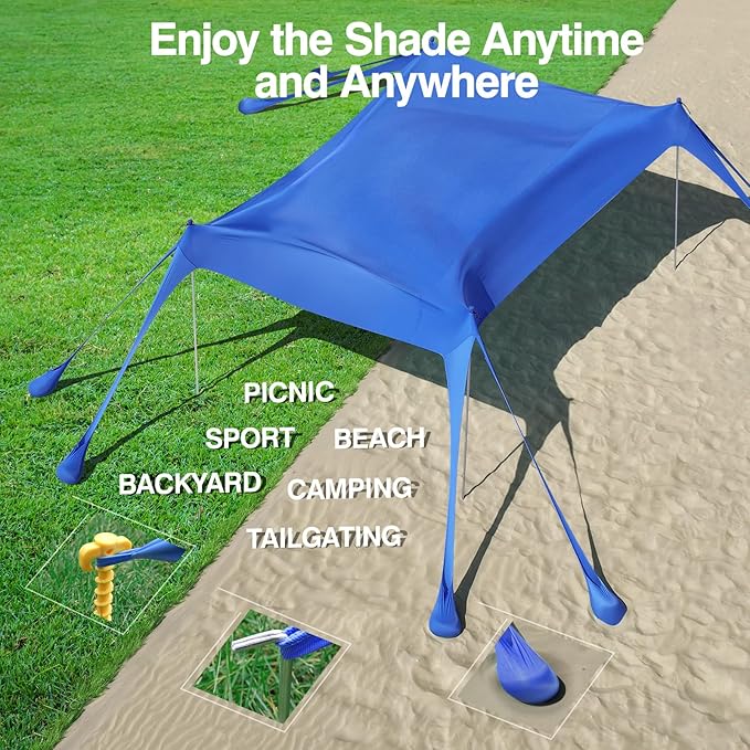 Rhino Valley Beach Tent Shade Canopy UPF50+ Protection 8 Sandbags 4 Stability Poles Outdoor Sun Shelter Umbrella for Sand Camping Fishing Essentials