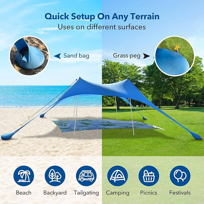 Beach Canopy Tent with UPF50+ Protection Sun shelter Umbrella Portable Camping Tents 12X12FT Include Beach Blanket Phone Case with Sandbags Poles Anti-Wind Ropes for Beach Camping Backyard Picnics