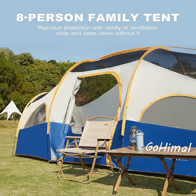 8 Person Tent for Camping Waterproof Windproof Family Tent with Rainfly Divided Curtain Design for Privacy Space Portable with Carry Bag