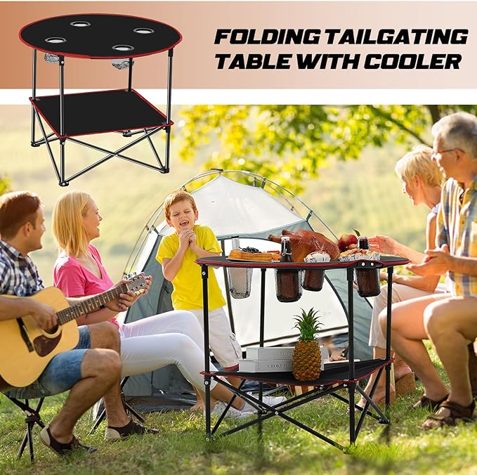 Soaoo 2 Pcs Folding Camping Table with 4 Mesh Cupholders 2 Tier Portable Folding Table Round Lightweight Fabric Compact Carrying Case Beach Table for Summer Outdoor Tailgating Fishing Hiking