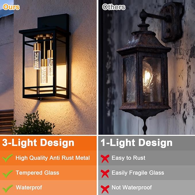 3 Lights Outdoor LED Wall Light Fixtures for Porch5CCT Brass Black Outdoor Wall Sconce LightsLED Integrated Bulbs Hanging Lantern LightsExterior Lighting Fixtures for PatioGarage