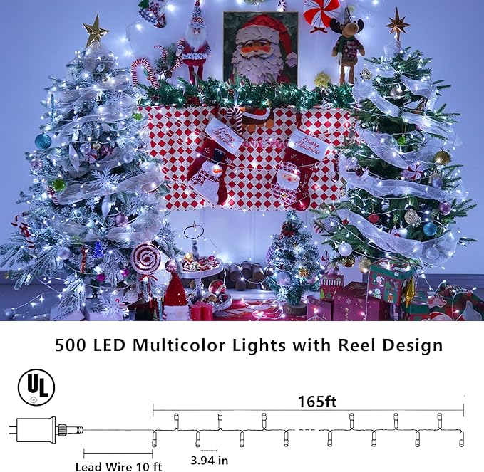 YEGUO 165ft 500 LED White Christmas Lights Outdoor Waterproof Clear Wire String Lights Indoor Twinkle Tree Lights Plug in with Timer Memory