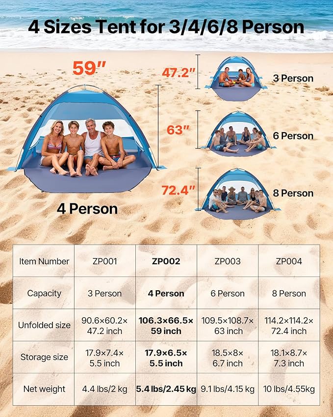 VEVOR Beach Tent Sun Shelter for 4 Person UPF 50+ Protection Portable Sun Shade Beach with Carrying Bag &amp Sand Pockets Lightweight and Easy Setup Beach Umbrella for Camping Fishing Outdoor Picn