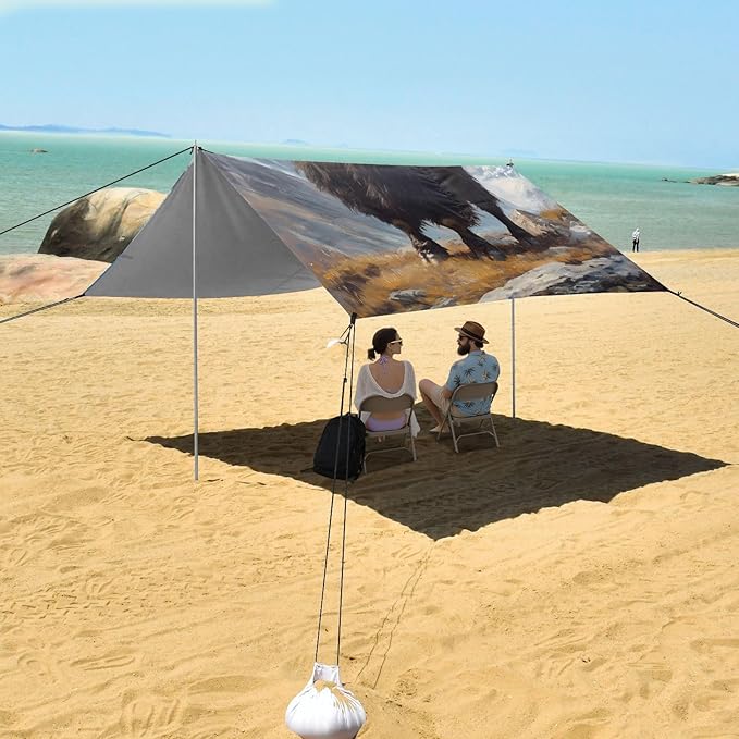 ALAZA Black Yak Snow Mountain Beach Tent Sun Shelter UPF50+ Protection Beach Shade Canopy w/ 4 Sandbags for Outdoor Camping Fishing Backyard Fun Picnic 10x9 ft