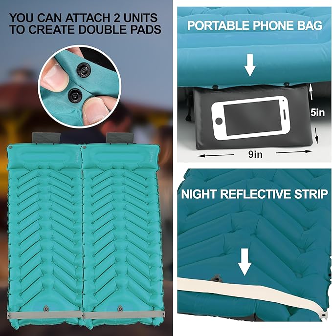 Sleeping Pad with Pillow Self Inflating Extra-Thick Ultralight Sleeping Mat Built-in Pump Ultimate for Camping Hiking Traveling Airpad Carry Bag Compact &amp Lightweight Air Mattress (Peacoc