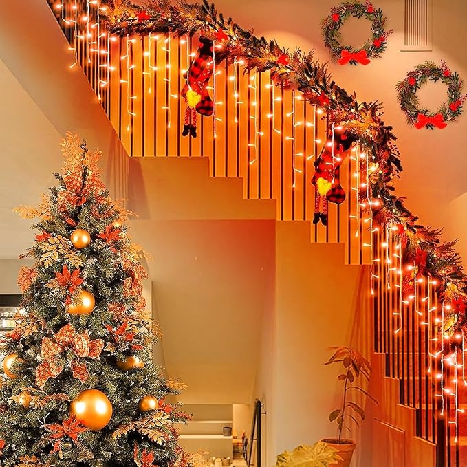 66ft Orange Halloween Lights Outdoor 640LED Icicle Lights for Outside Indoor Twinkle Christmas Light with Connectable Clear Wire 8 Modes Timer Waterproof for House Party Tree Holiday Yard Patio Decor