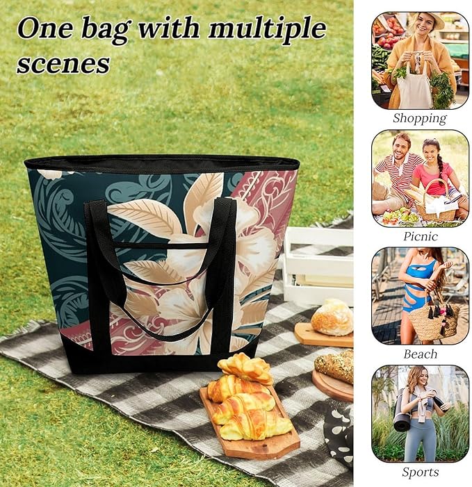 Insulated Shopping BagLarge Reusable Cooler Bags Elegant Hawaiian Pattern Printed Foldable Shopping BagTravel Waterproof Shoulder Bag