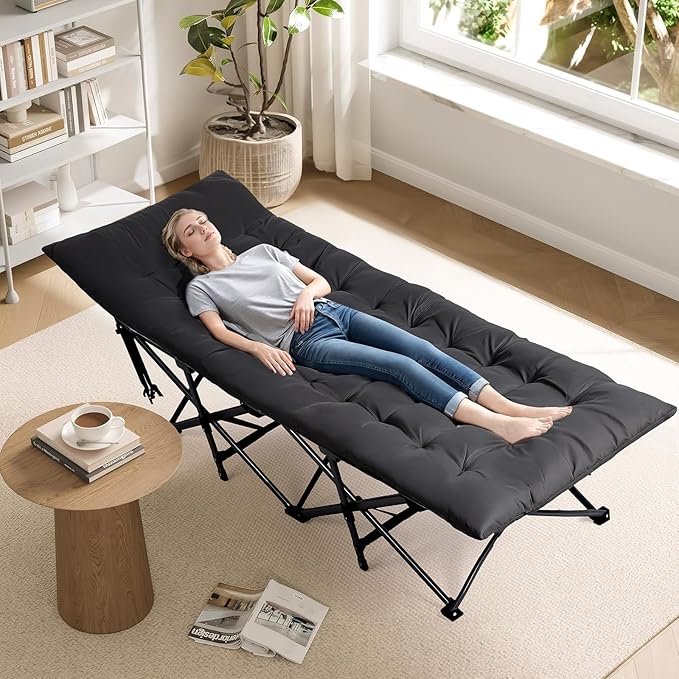 VINGLI Folding Camping Cot BedCamping Cots for Adults with Mattress Cots for Sleeping with Pillow 1200D Layer Oxford for for Guest-Black 1P