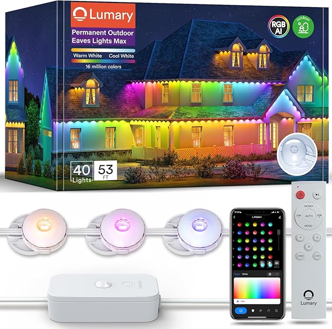 Lumary Permanent Outdoor Lights Max 53ft with 40 LED Eave Lights RGBAICW 2400LM IP67 Waterproof IC Control and Scene Modes for Halloween Christmas Decoration Works with Alexa and Google Assistant