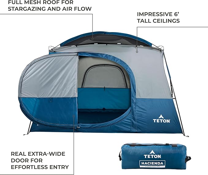 TETON Sports Hacienda 8 Person Family Camping Tent Large Gear Loft and 4 Storage Pockets Swinging Door Makes it Easy to Access Full Mesh Roof Waterproof Rainfly