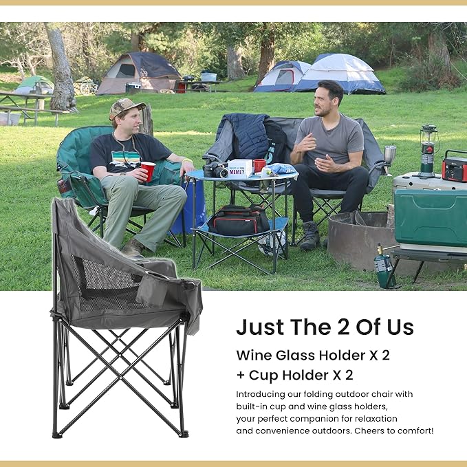 ARROWHEAD OUTDOOR 2-Pack Portable Folding Camp Loveseat Chair w/Glass &amp Cup Holders Heavy Duty Carry Bag 650 lbs Weight Capacity