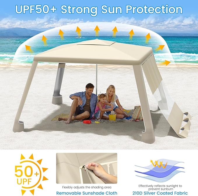 MoKo Beach Cabana 8'×8' Large Beach Canopy with Side Wall UPF 50+ Protection Easy Setup Beach Tent Sun Shelter Adjustable Height Wind Resistant Cabana Beach Tent for Whole Family Khaki