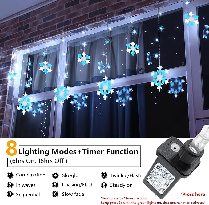 Christmas Snowflake Lights 10.66ft 168 LED Icicle Lights Outdoor with 14 Drops 8 Modes Waterproof Connectable Christmas Light for Eaves Wedding Garden Yard Indoor Xmas Decor (White &amp Icicle Blue