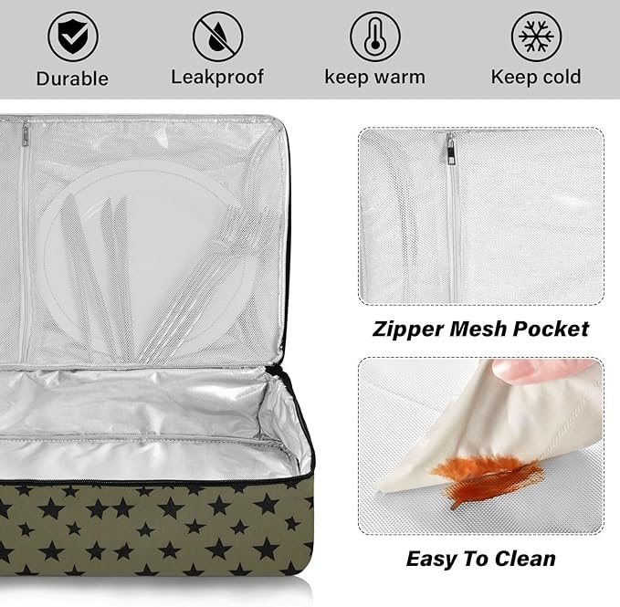 Casserole Carrier Pattern Black StarsInsulated Casserole Carrier for Hot or Cold Food Thermal Lunch Tote for Potluck Parties Picnic Beach Fits 9 x 13 Inches Baking Dish