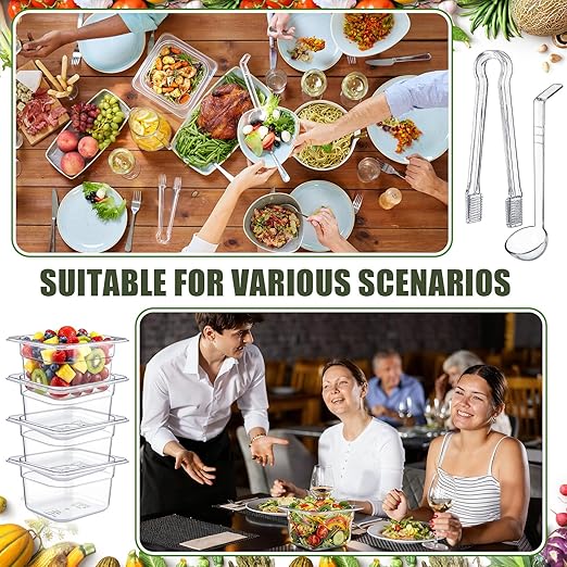 Rtteri 22 Pcs 1/6 Size Clear Plastic Pans Set: 16 Food Prep Containers &amp 2 Tongs &amp 4 Spoons for Salad Bar Buffet Restaurant Hotel Commercial Home for Fruit Vegetable Sauce Bean Corn Deli(4 Inc