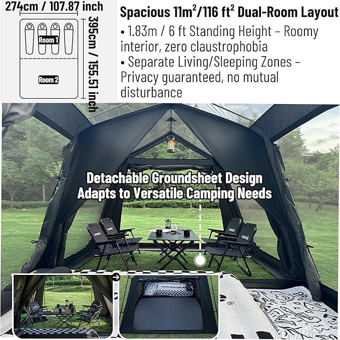 Blackdog 11㎡/116ft² 8-10 Person Camping Tent with Movie Screen 6 Door 2 Room Large Cabin Tent with 5-Sided Mesh Windows Waterproof Big Family Tents for Hiking