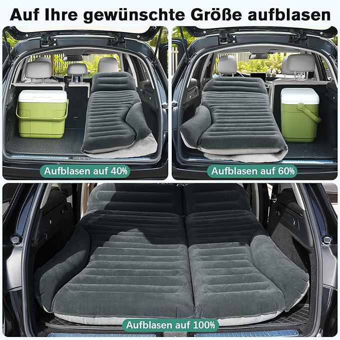 KMZ SUV Air Mattress Double Sided Thickened Flocking Car Bed – Portable Inflatable Mattress Pad for Camping &amp Travel with 2 Pillows &amp Electric Pump (Green+Light Gray)