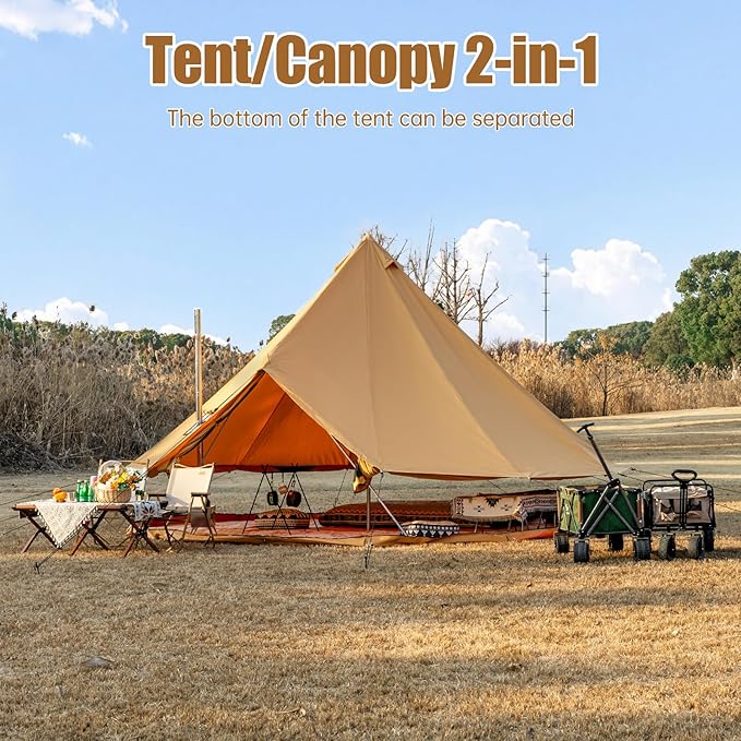 Cotton Canvas Bell Tent with Stove Jack Roomy Yurt for Family Glamping Camping 4 Season Tent with Zipped Removable Floor
