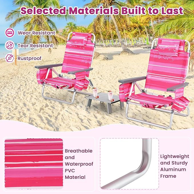 Backpack Beach Chair 5 Position Adjustable Camping Chairs with Aluminum Table Head Pillow Cooler Bag Cup Holders Folding Beach Chairs for Adults (with Table Pink Stripe)