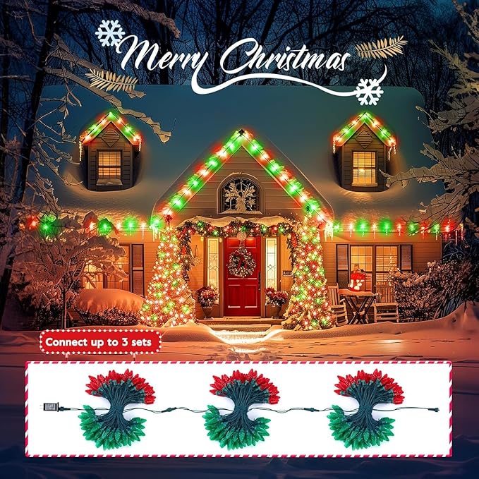 Minetom 147 FT 200 LED C9 LED Christmas Lights Outdoor - Plug in Fairy Lights with Timer &amp 8 Modes Waterproof Commercial Grade Extendable for Indoor Outdoor Roofline Patio Yard Xmas Red and Gree