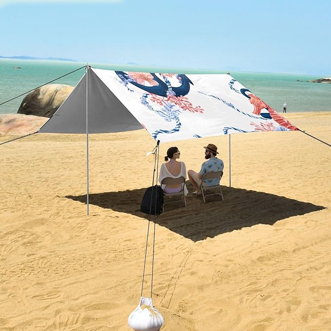 Bolaz Beach Canopy Tent Sun Shade9'×10.5' Large Family Beach Shade UPF50+- Outdoor Shade for Camping Trips FishingSeahorse Boat Anchor Pattern