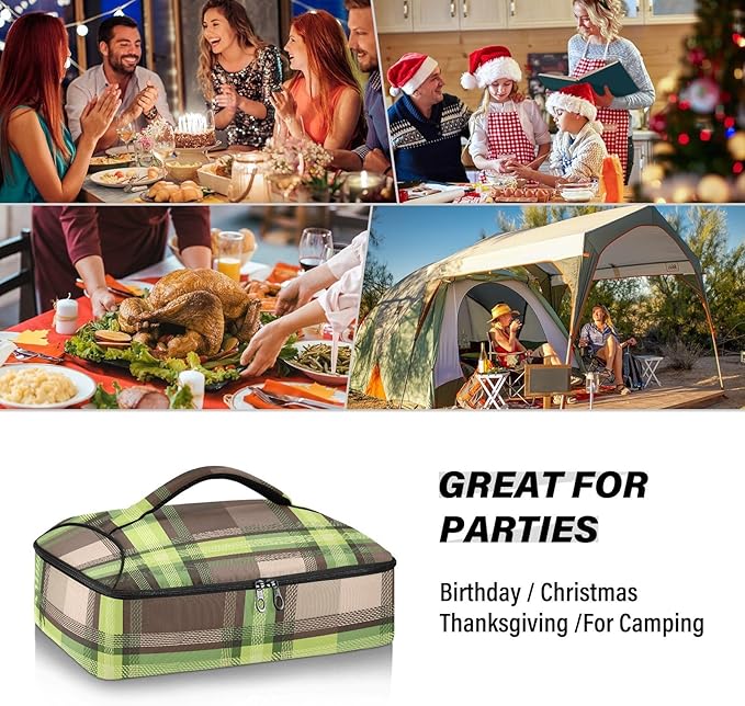 Casserole Carrier Green Brown Tartan Plaid Insulated Casserole Carrier for Hot or Cold Food Thermal Lunch Tote for Parties Picnic Travel Carry Bag