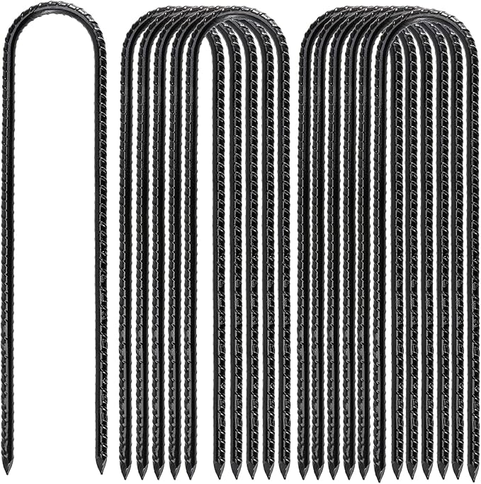 12 Pack 12 Inch U Shaped Rebar Stakes Black U Rebar Hook Heavy Duty Trampoline Wind Anchors Stakes for Camping Tents Soccer Net
