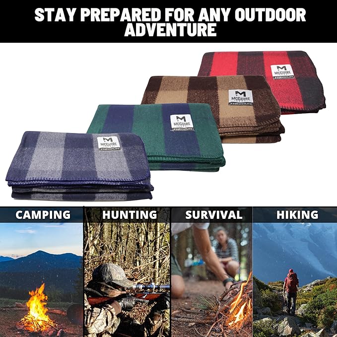 M MCGUIRE GEAR Warm Wool Bunkhouse Plaid Blanket for Camping Home Survival or First Aid 64 x 90 (Light Brown/Brown)