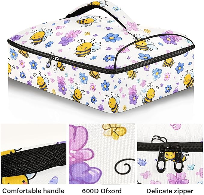 Casserole Carrier Cute Cartoon Pattern Bees and FlowerInsulated Casserole Carrier for Hot or Cold Food Thermal Lunch Tote for Potluck Parties Picnic Beach Fits 9 x 13 Inches Baking Dish