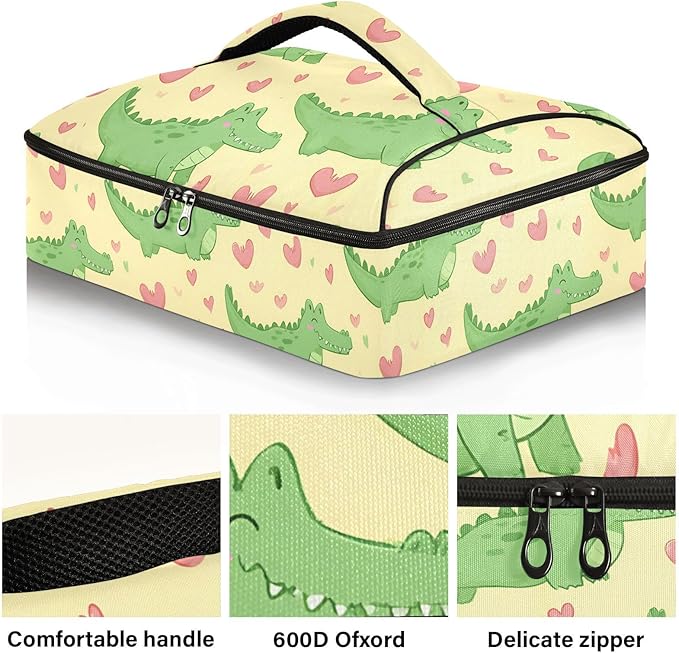 Casserole Carrier Adorable Pattern Cute CrocodileInsulated Casserole Carrier for Hot or Cold Food Thermal Lunch Tote for Potluck Parties Picnic Beach Fits 9 x 13 Inches Baking Dish