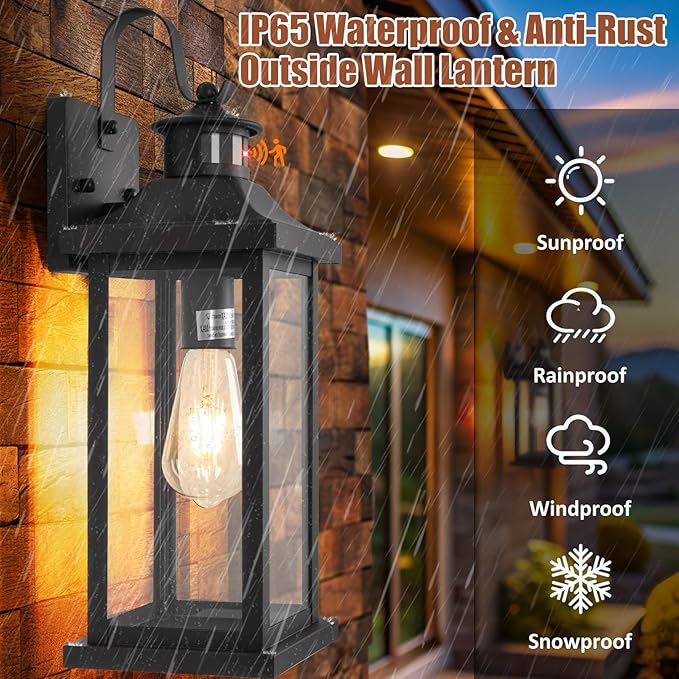 1-Pack 18 Inch Motion Sensor Front Porch Light IP65 Waterproof Large Black Dusk to Dawn Outdoor Wall Lighting for House Exterior Light Fixture Clear Glass Garage Coach Light E26 Bulb Base
