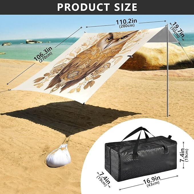 ALAZA Gold Owl Print Beach Tent Sun Shelter UPF50+ Protection Beach Shade Canopy w/ 4 Sandbags for Outdoor Camping Fishing Backyard Fun Picnic 10x9 ft