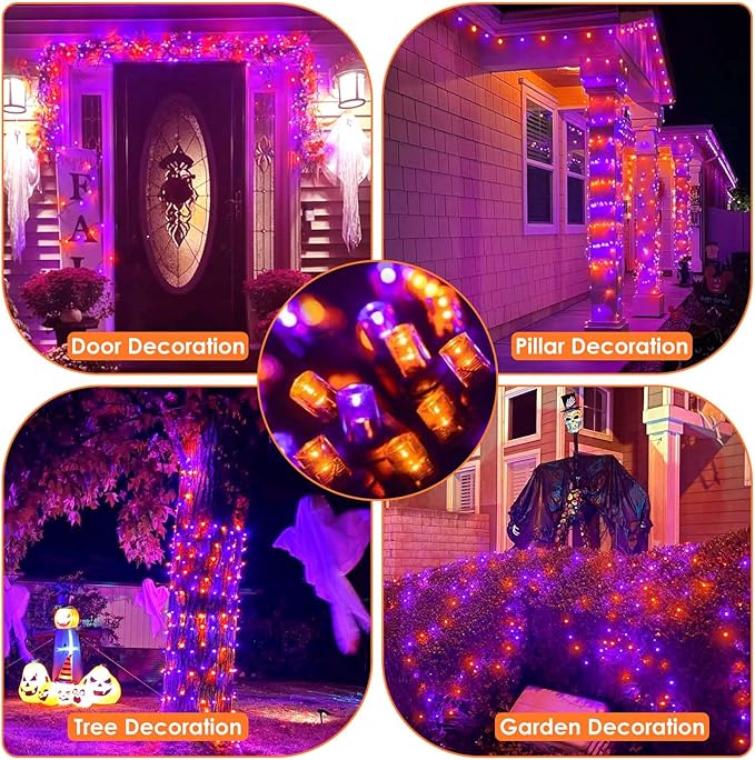 Connectable Purple and Orange Halloween Lights 2Pack 164ft 400LED 13 Modes Waterproof String Lights Plug in Twinkle Light with Timer Indoor/Outdoor for Tree Party Halloween Decorations