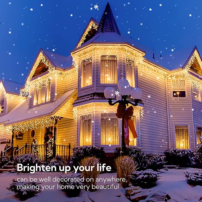 Hopolon 33FT 360L LED Christmas Icicle Lights Outdoor Waterproof8 Modes Plug in Curtain String LIghts With 60 DropsChristmas Lights for WeddingPartyBedroomHomeGardenWall Decorations(Warm White)