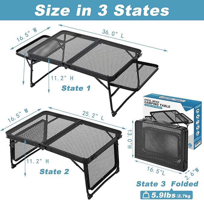 Small Low Camping Table with 2 Wing Panels Folding Low Picnic &amp Outdoor Table with 2 Shelves Lightweight &amp Easy Carry for Beach Fishing Sturdy Steel Mesh Top (3 FT Black)