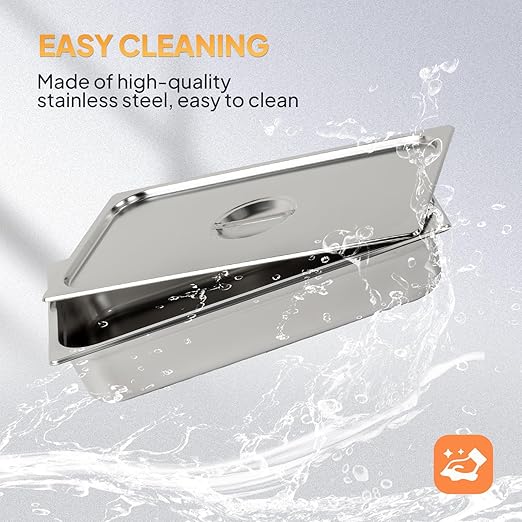 ROVSUN Full Size Hotel Pan 2-Pack 4 Inch Deep Steam Table Pan with Lid Stainless Steel Anti Jam Pan for Party Home Commercial