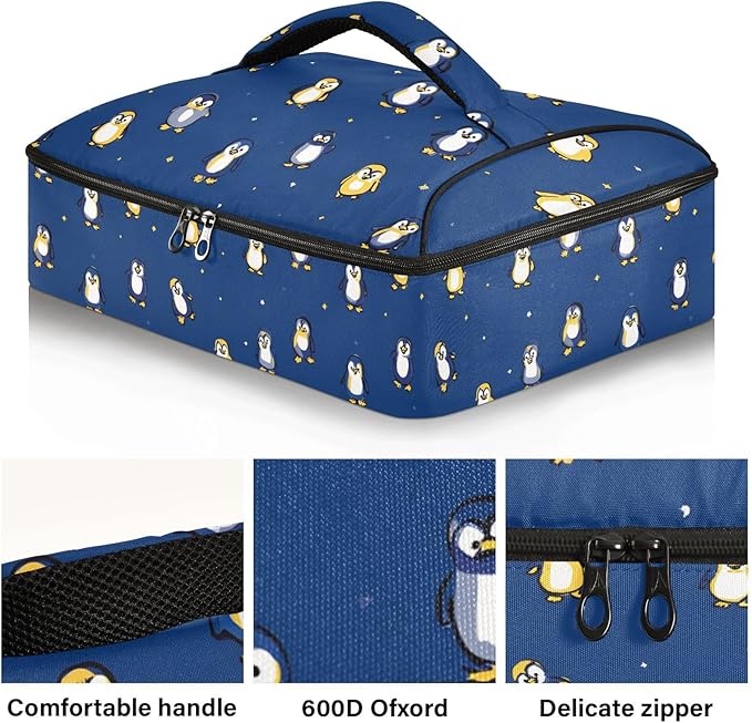 Casserole Carrier Pattern Cartoon Penguins PrintInsulated Casserole Carrier for Hot or Cold Food Thermal Lunch Tote for Potluck Parties Picnic Beach Fits 9 x 13 Inches Baking Dish