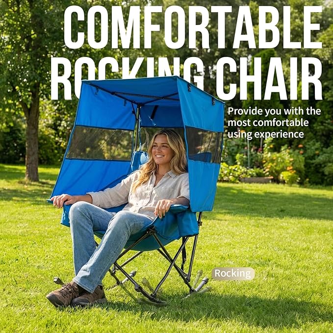 Nice C Rocking Camping Chair with Canopy XL Oversized Folding Rocker for Adult Outdoor Umbrella Chairs with Shade with Cup Holder Cooler Bag Carry Bag for Sports Patio Backyard (1 Pack Blue)