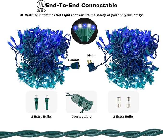 Led Net Lights Christmas Lights Outdoor 200Led 9ftx6ft Upgraded White and Blue Christmas Net Lighting Waterproof 5mm LED Wide Angle Outdoor Indoor Mesh Net Light for Tree Bushes Shrubs Decorations