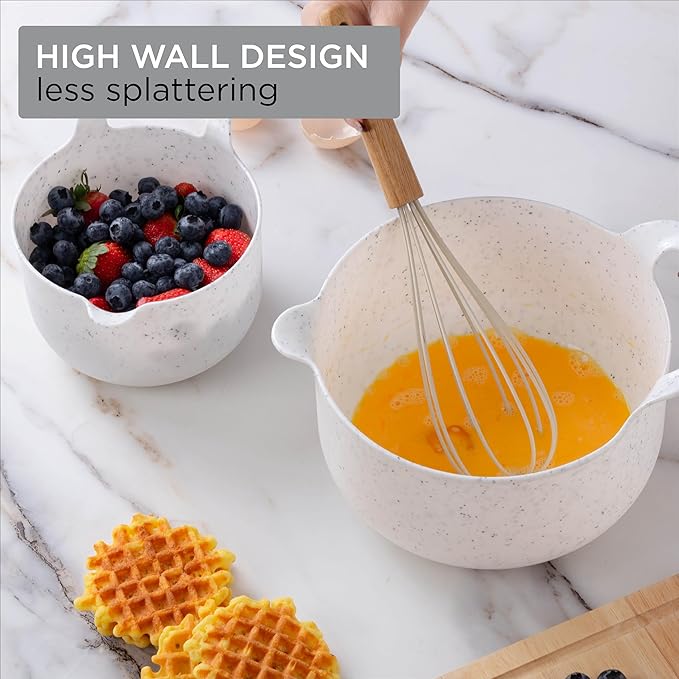 COOK WITH COLOR Nesting Plastic Mixing Bowl Set with Pour Spouts and Handles Speckled White 6 Piece Non-Slip