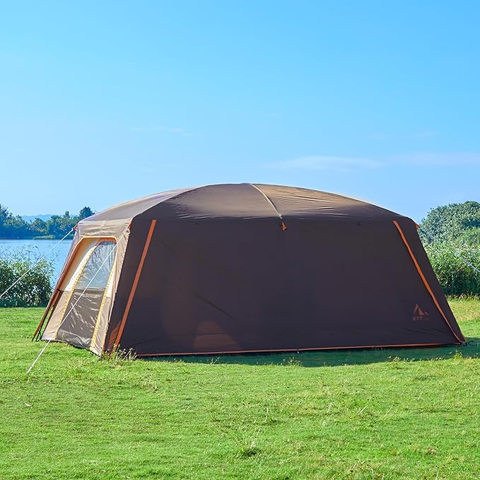 KTT Extra Large Tent 12-14 PersonFamily Cabin Tents2 RoomsStraight Wall2 Doors 4 Windows with MeshWaterproofStraight WallBig Tent for OutdoorPicnicCampingGathering(Brown)