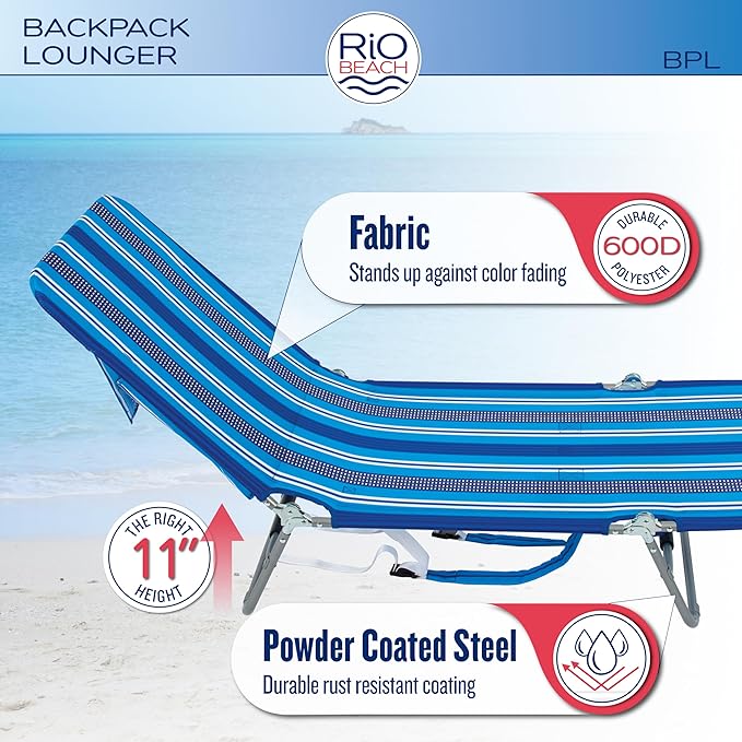 Rio Beach Portable Lay Flat Folding Backpack Beach Lounge Chair with Backpack Straps and Storage Pouch Blue and Red