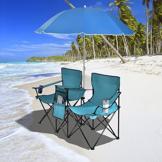 KOTEK Double Camping Chair Folding Camp Chair with Removable Umbrella Cup Holders Cooler Bag Side Pocket &amp Carry Bag 2-Person Beach Chair for Outdoor Sports Concerts Travel Picnic (Turquo
