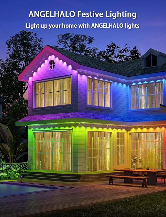 ANGELHALO Permanent Outdoor Lights 150ft Smart RGB Outdoor Lights with 108 LED Lights Cool/Warm Eaves Lights IP65 Waterproof for Outdoor Decor Garden Decor Compatible with Alexa Google Assistant