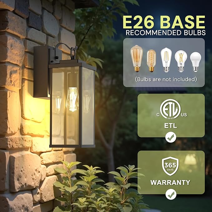 L LOHAS LED Upgraded Dusk to Dawn Outdoor Wall Lights with GFCI Outlet 17 Inch Matte Black Waterproof Anti-Rust Outdoor Light Fixtures with Clear Glass Exterior Light Fixtures for Porch Garage ETL